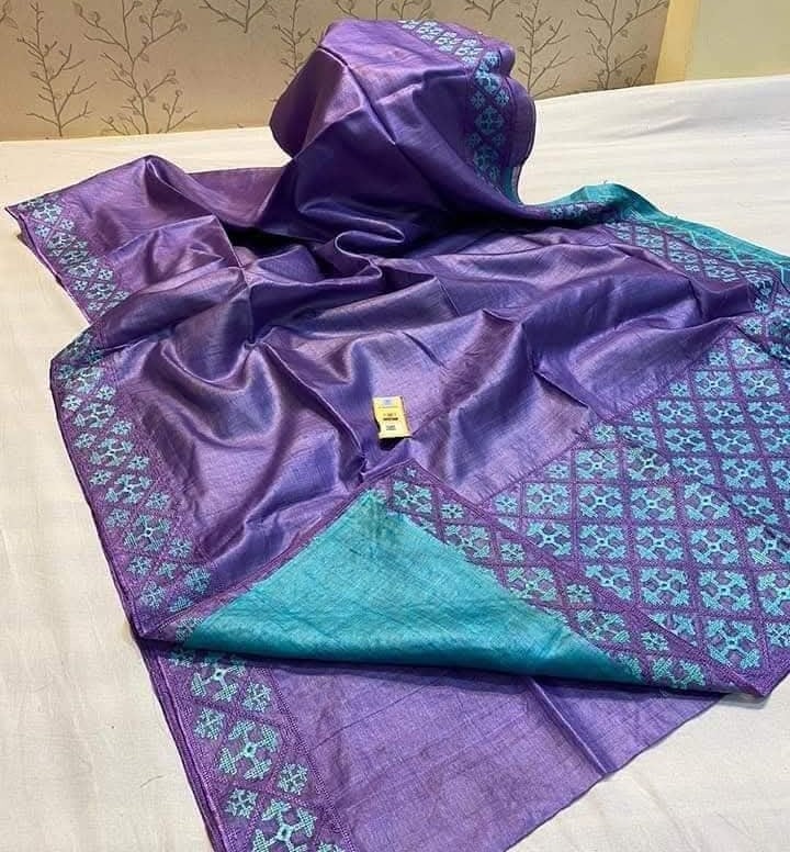 Bhagalpuri Pure Tussar Silk Handloom Kutch Embroidery Saree With Contrast Blouse Piece