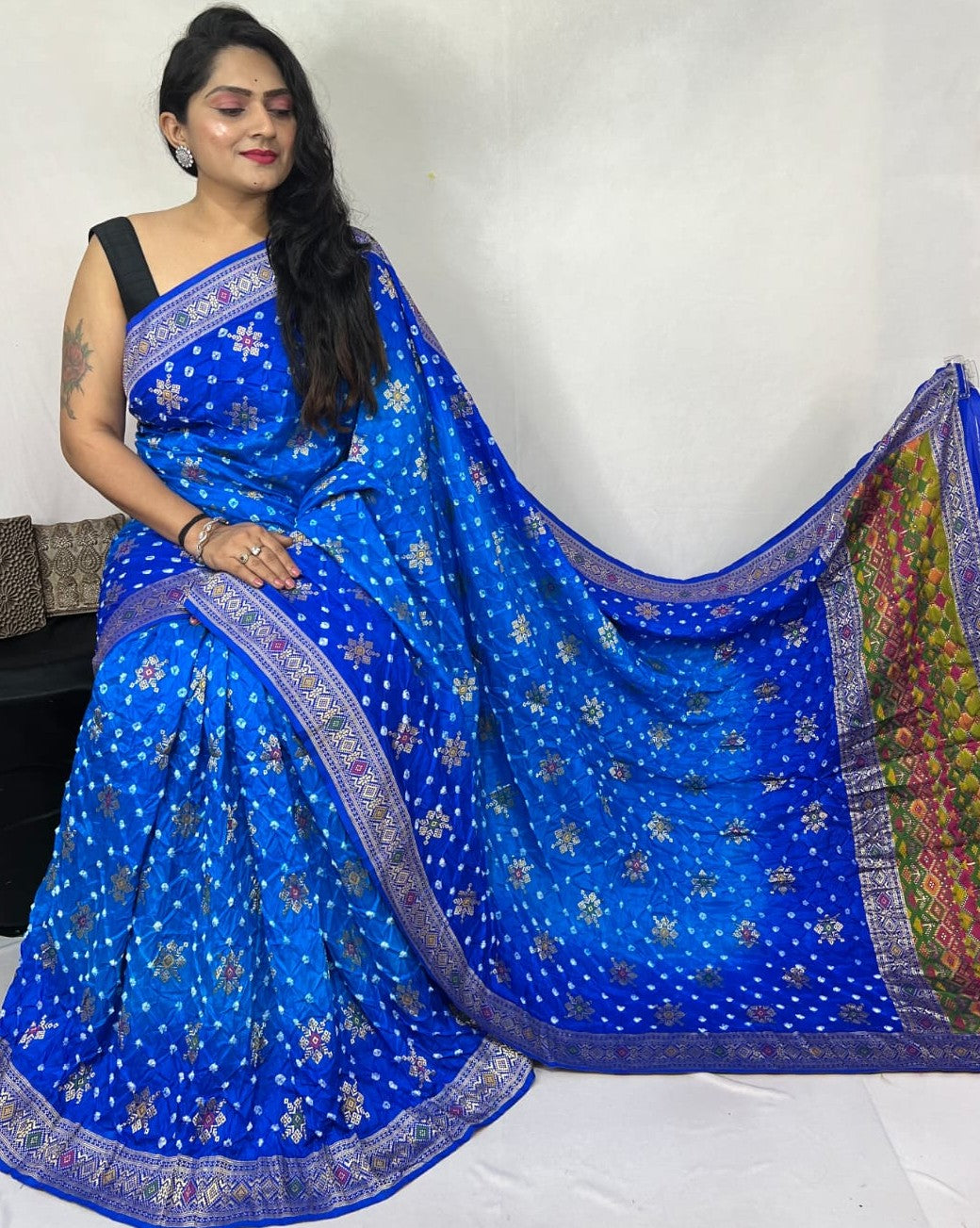 Bandhej Malai Silk Saree | Hand Tie & Dye Bandhani Work | Festive Ethnic Wear