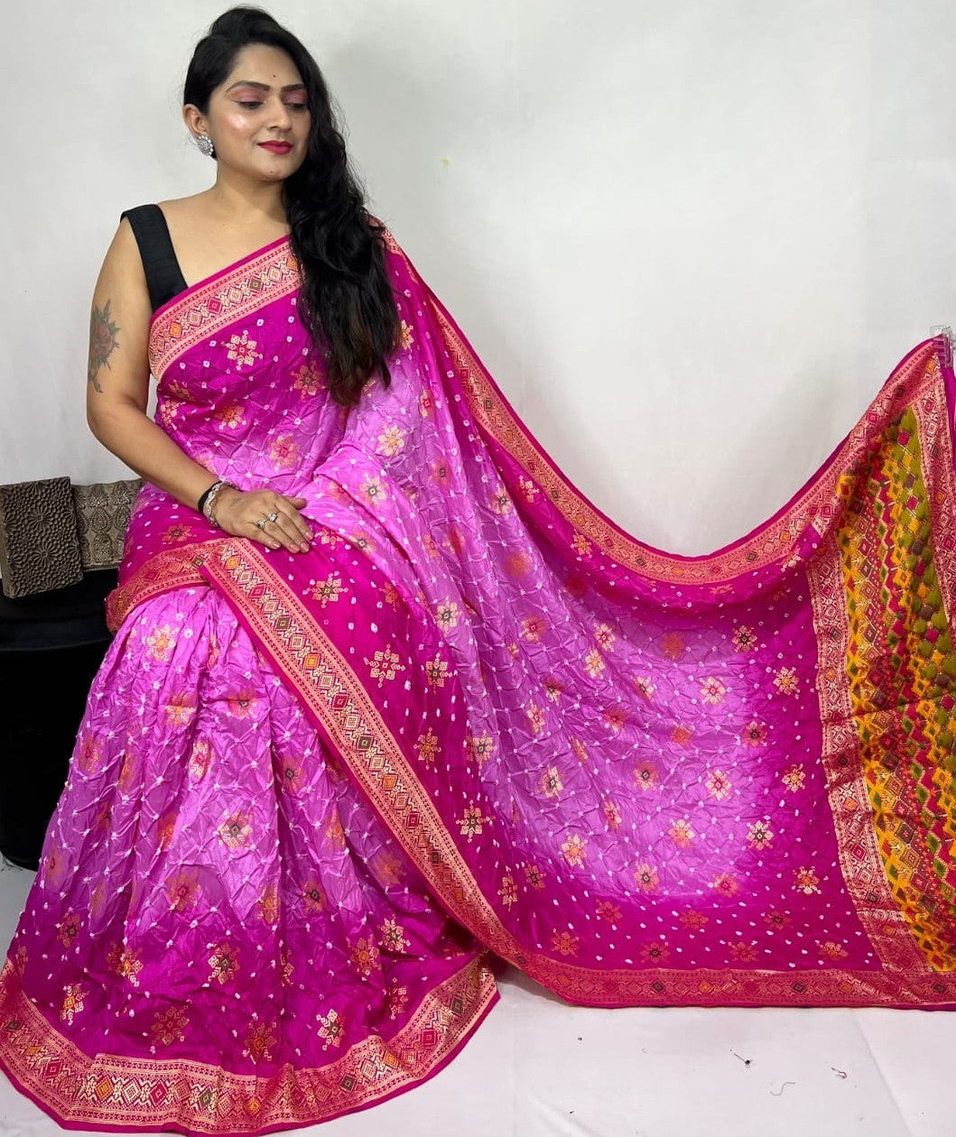 Bandhej Malai Silk Saree | Hand Tie & Dye Bandhani Work | Festive Ethnic Wear