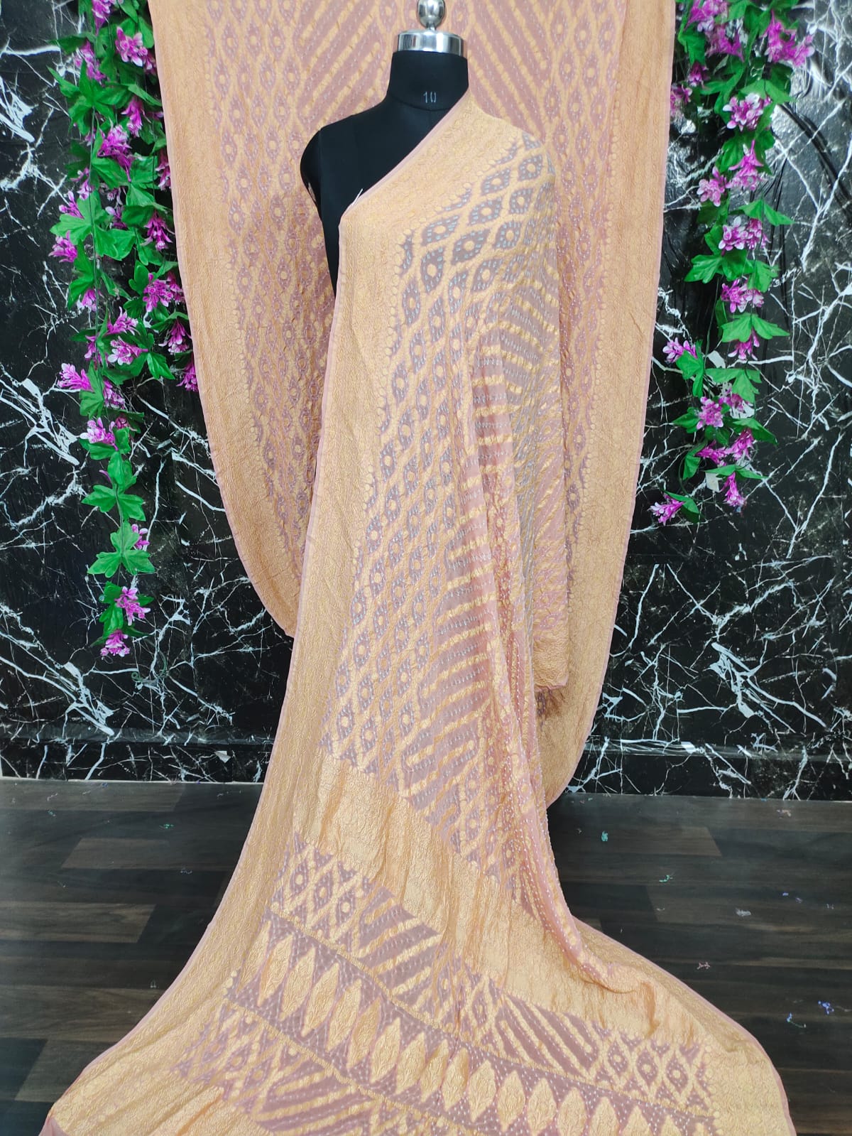 Pure Khaddi Banarasi Georgette Saree | Ivory | Neem Zari Nakshi Weaving & Bandhej Tie-Dye