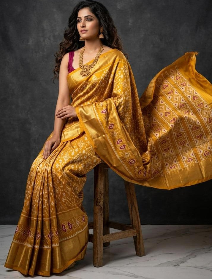 Pure Handloom Pochampally Ikkat Silk Saree | Double Kaddi Border | Telangana Pattu Bridal Saree with Blouse