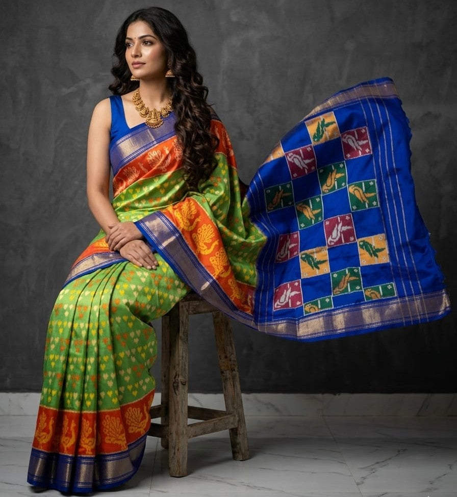 Pure Handloom Pochampally Ikkat Silk Saree | Parrot Green & Royal Blue | Double Kaddi Border Pattu Bridal Saree with Blouse