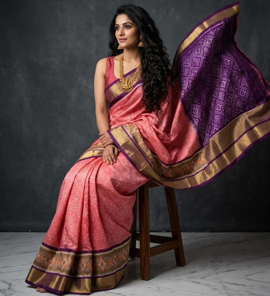 Pure Handloom Pochampally Ikkat Silk Saree | Rose Pink & Deep Purple | Double Kaddi Border Pattu Bridal Saree with Blouse