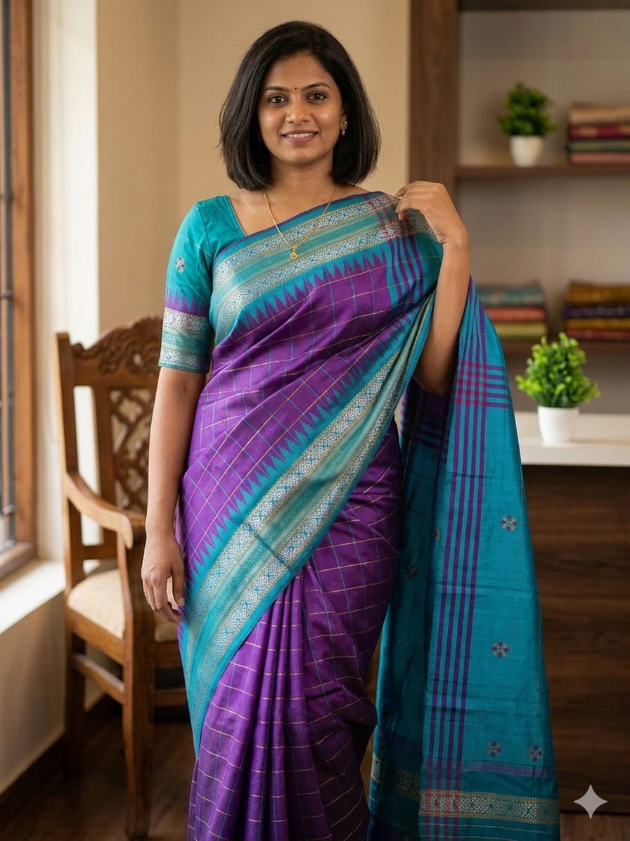 Chhattisgarh Handloom Raw Silk Saree | Check Body with Vidarbha Temple Border & Ikkat Pallu