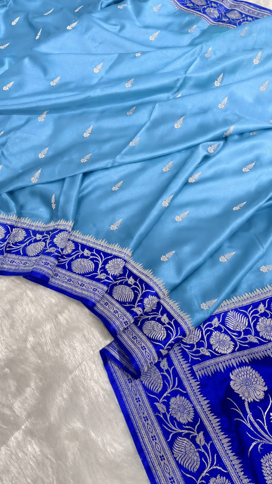 Banarasi Katan Mashru Silk Saree – Sky Blue & Royal Blue | Contrast Designer Border