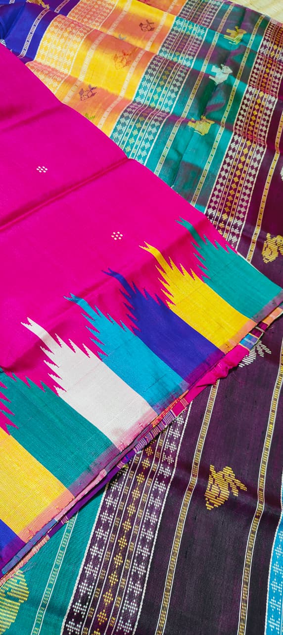 Authentic Berhampuri Double Pallu Silk Saree | Multicolour Phoda Kumbha Border | Odisha Handloom