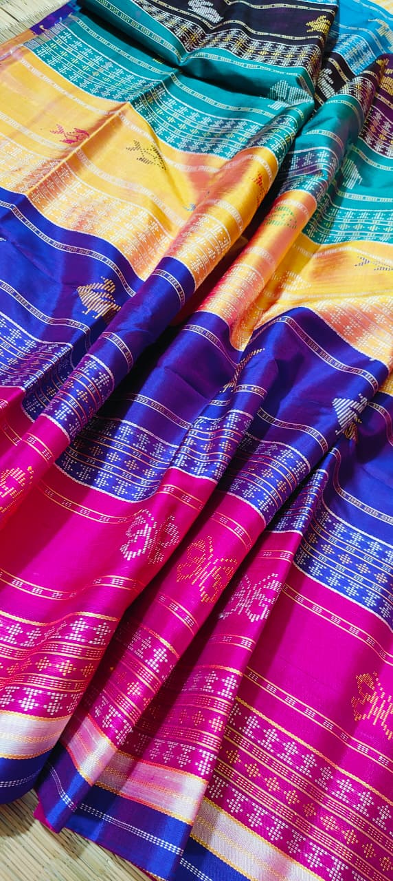 Authentic Berhampuri Double Pallu Silk Saree | Multicolour Phoda Kumbha Border | Odisha Handloom