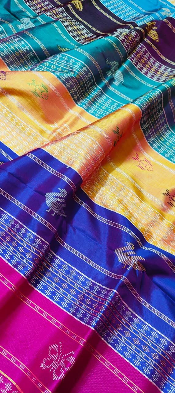 Authentic Berhampuri Double Pallu Silk Saree | Multicolour Phoda Kumbha Border | Odisha Handloom