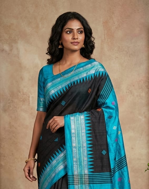 Chhattisgarh Handloom Raw Silk Saree | Temple Border | Ikkat Pallu | Woven Buta Motifs | Multiple Colours