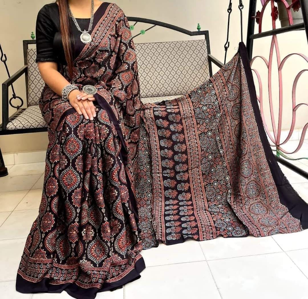 Authentic Ajrakh Pure Modal Silk Saree – Black | Natural Vegetable Dyed Hand Block Print