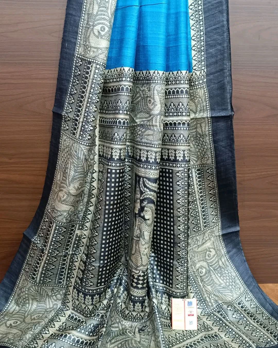 Authentic Bhagalpuri Tussar Ghicha Silk Handloom Saree | Madhubani Art Print Border & Pallu