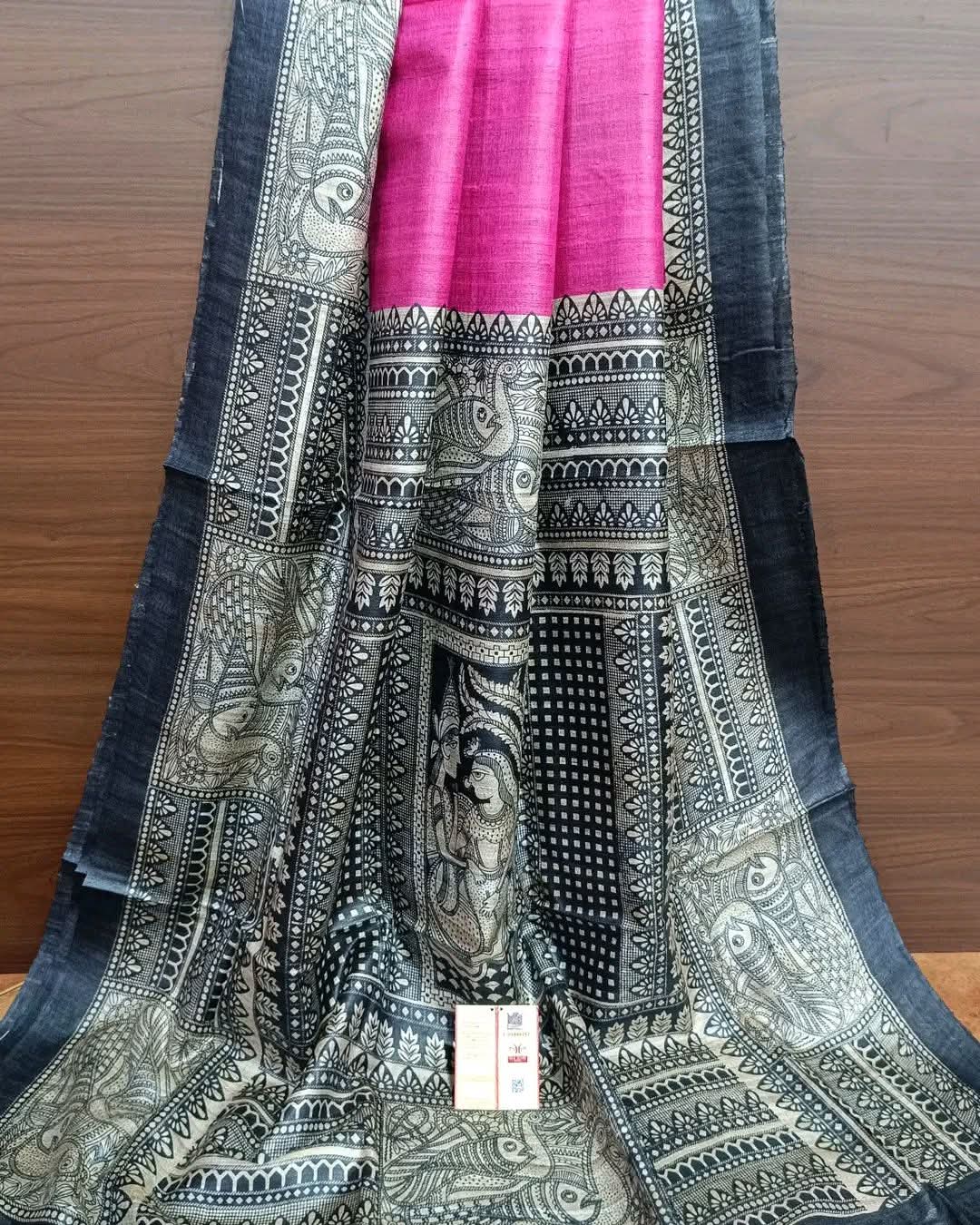 Authentic Bhagalpuri Tussar Ghicha Silk Handloom Saree | Madhubani Art Print Border & Pallu