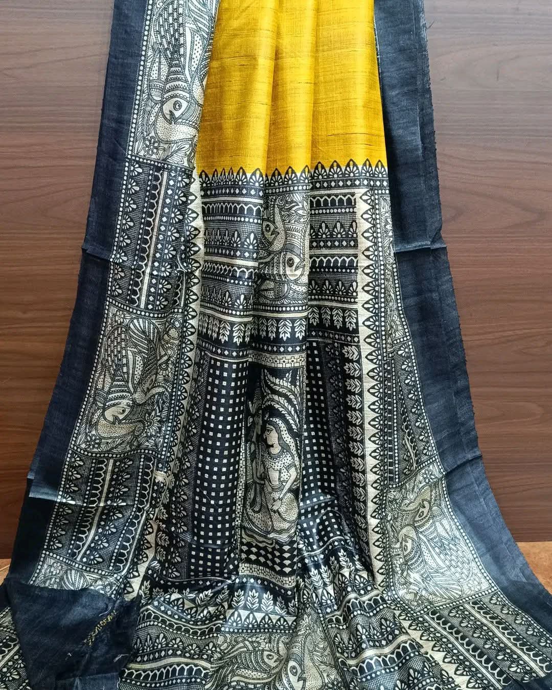 Authentic Bhagalpuri Tussar Ghicha Silk Handloom Saree | Madhubani Art Print Border & Pallu