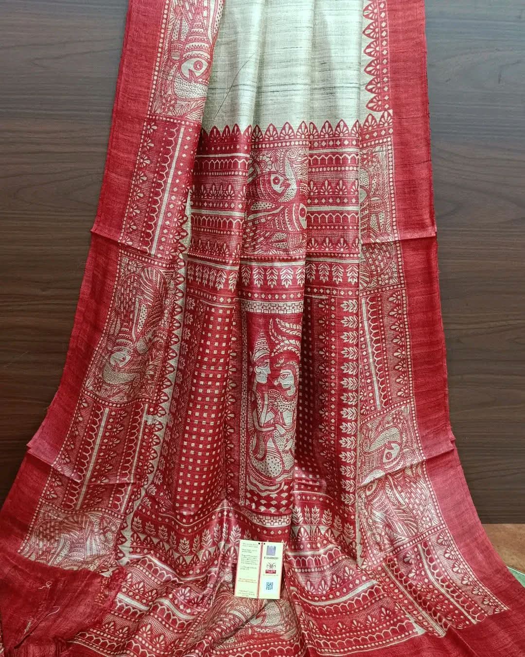 Authentic Bhagalpuri Tussar Ghicha Silk Handloom Saree | Madhubani Art Print Border & Pallu
