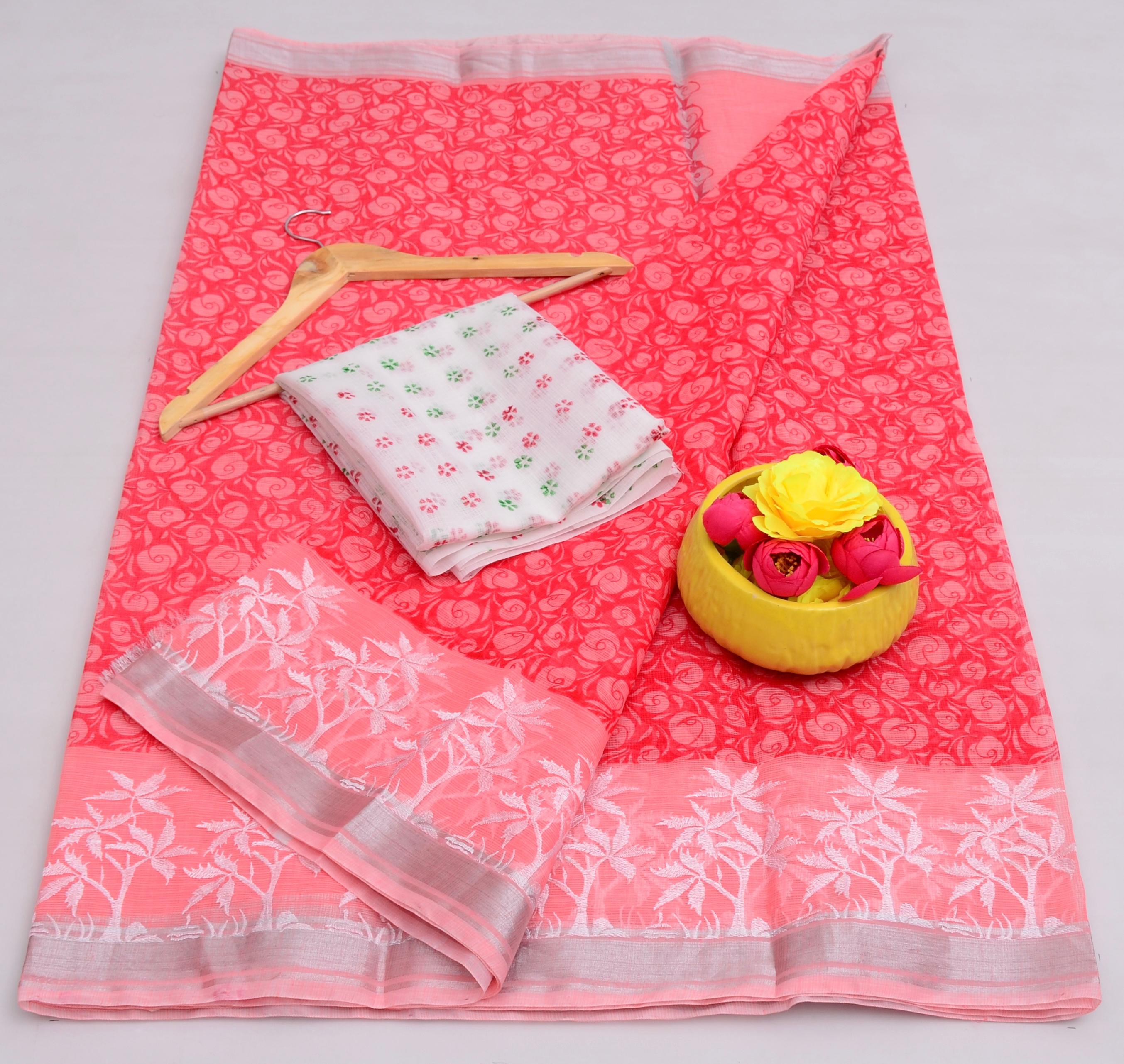 Authentic Kota Doria Block Print Saree with Embroidery Work | Contrast Blouse