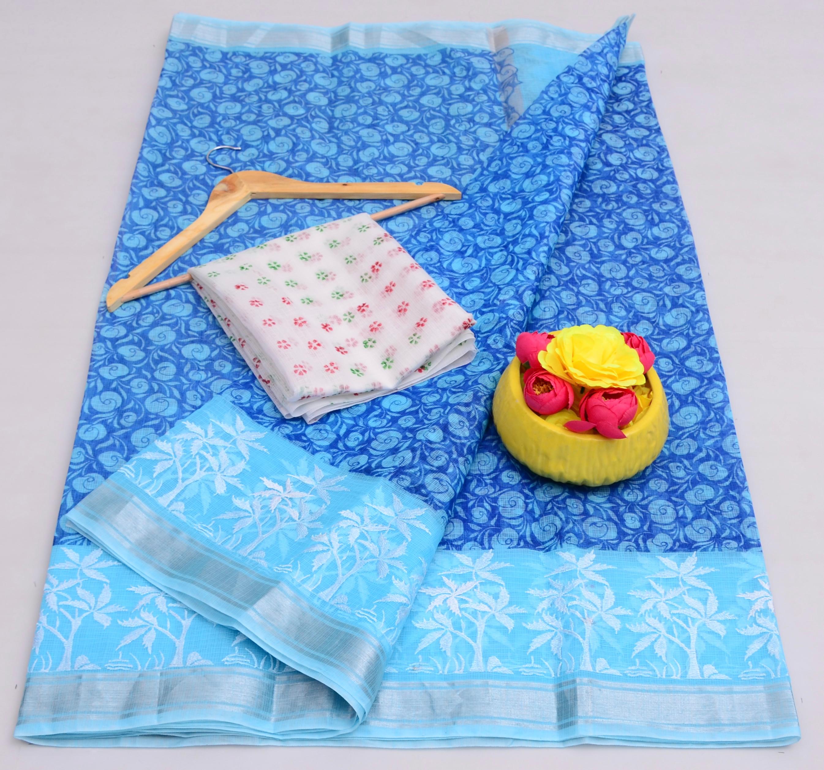 Authentic Kota Doria Block Print Saree with Embroidery Work | Contrast Blouse