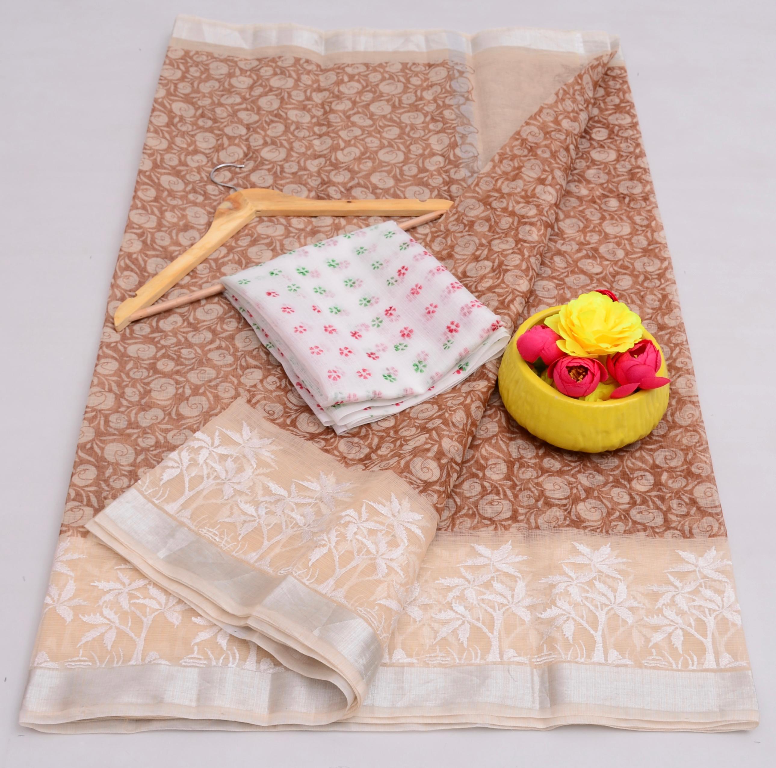 Authentic Kota Doria Block Print Saree with Embroidery Work | Contrast Blouse