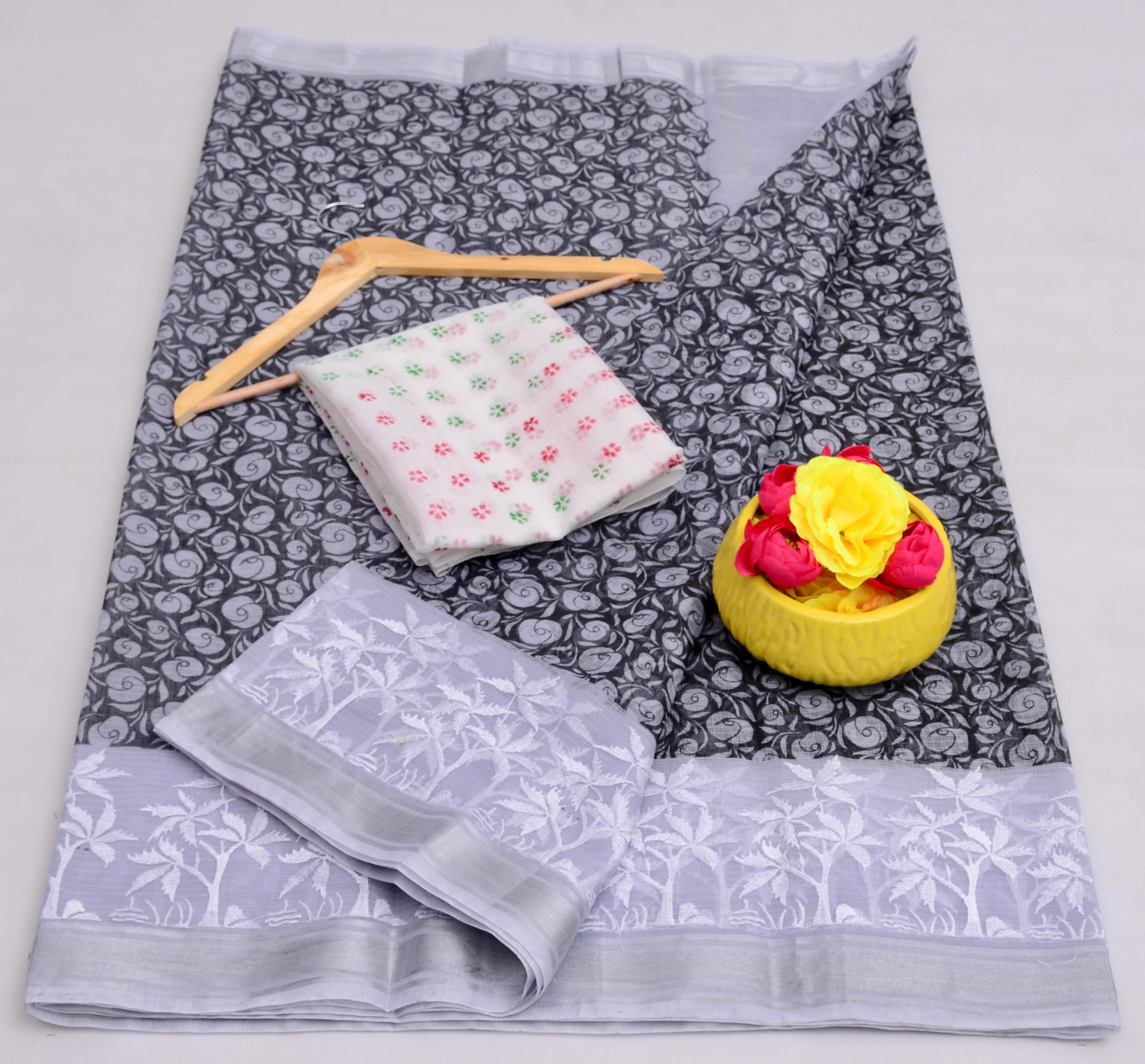 Authentic Kota Doria Block Print Saree with Embroidery Work | Contrast Blouse