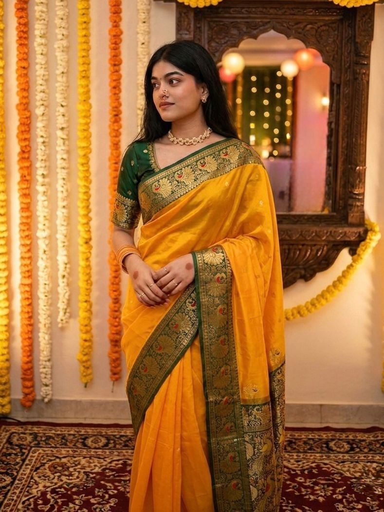Peshwai Paithani Pure Soft Silk Saree | All-Over Peacock Butti | Meenakari Peacock Pallu | Contrast Blouse