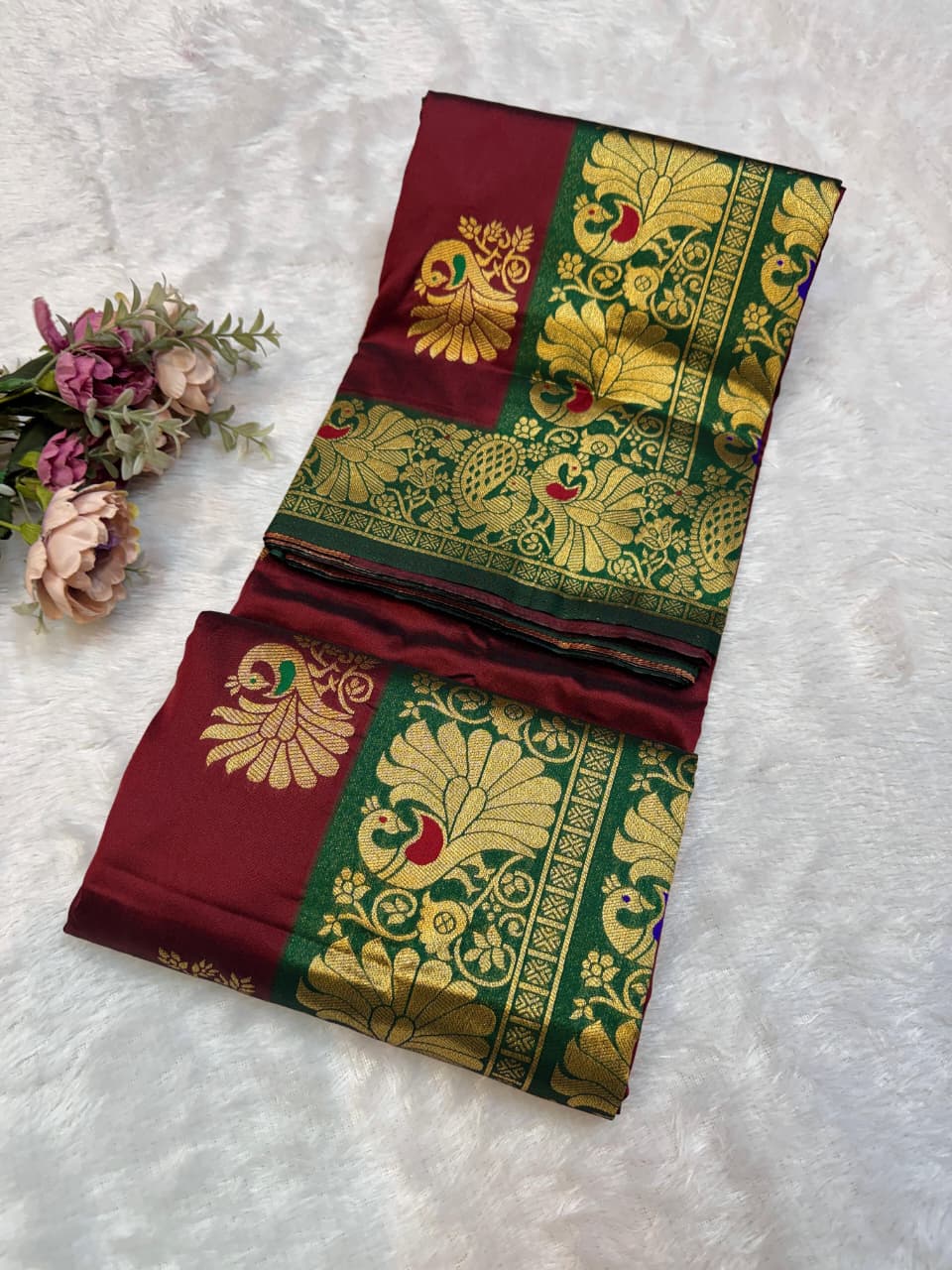 Peshwai Paithani Pure Soft Silk Saree | All-Over Peacock Butti | Meenakari Peacock Pallu | Contrast Blouse