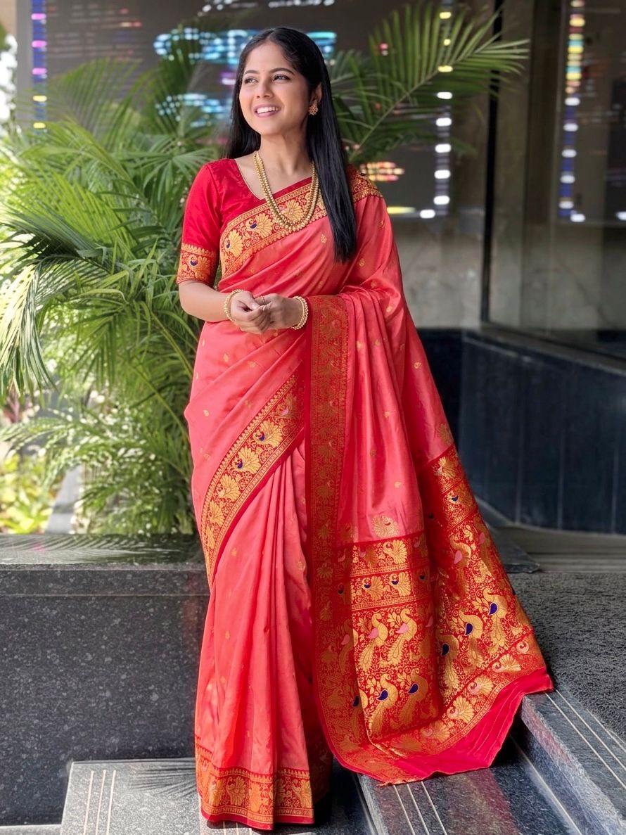Peshwai Paithani Pure Soft Silk Saree | All-Over Peacock Butti | Meenakari Peacock Pallu | Contrast Blouse