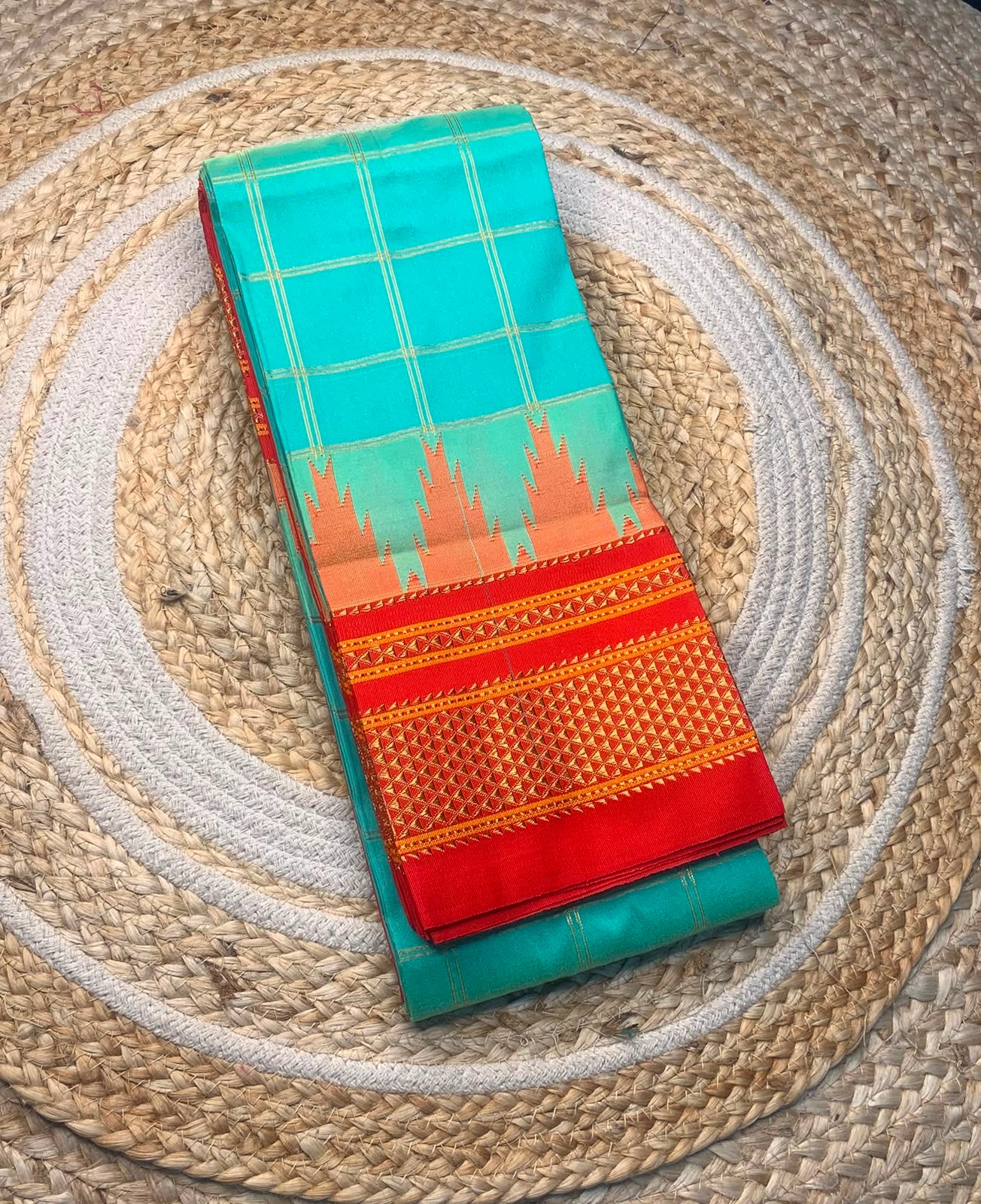 Authentic Karnataka Handloom Ilkal Mulberry Semi Silk Temple Border Saree | Pure Silk Tope Pallu