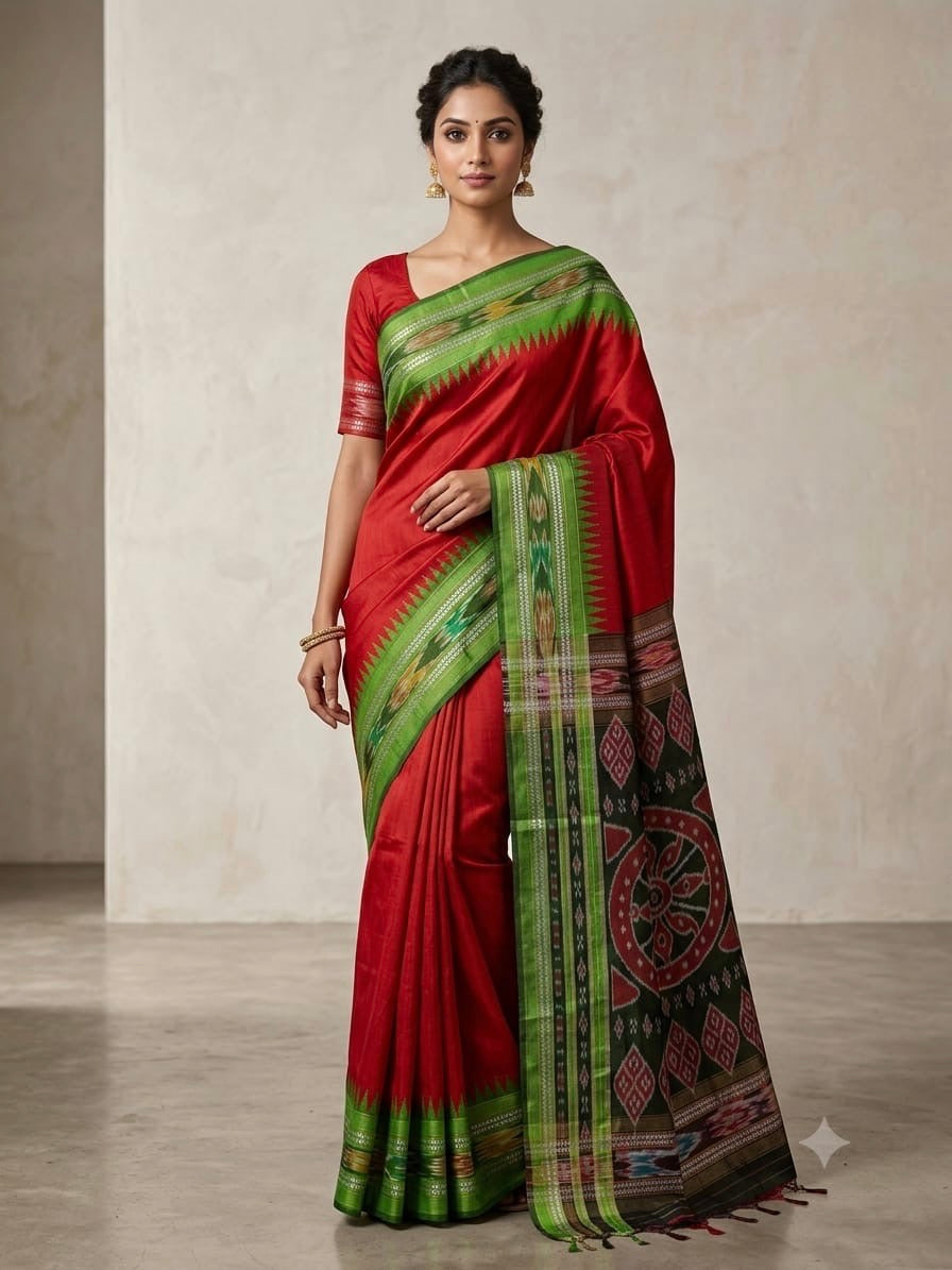 Authentic Chhattisgarh Handloom Pure Raw Silk Ikkat Saree with Vidarbha Temple Border | Silk Mark Certified | Red