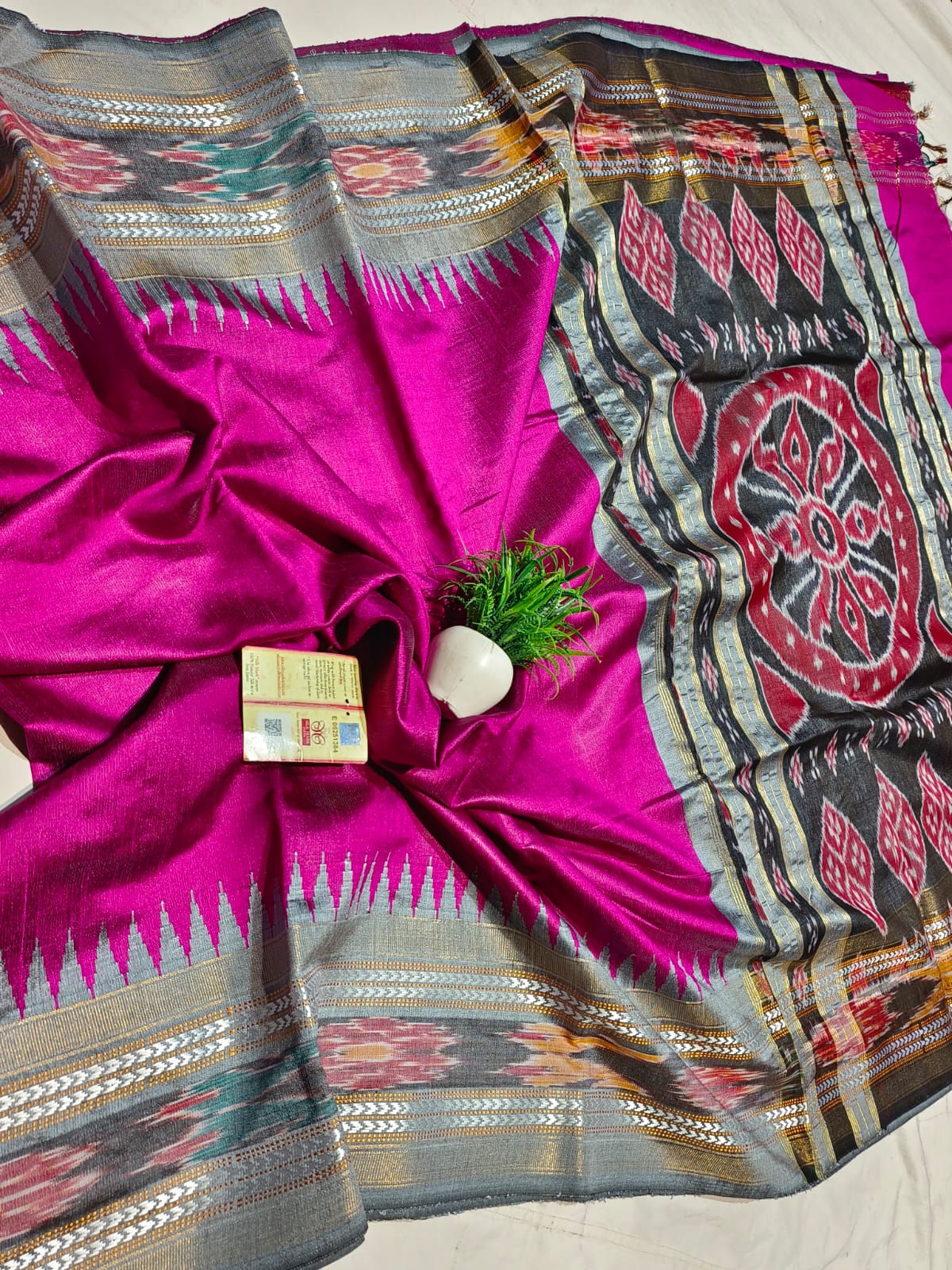 Authentic Chhattisgarh Handloom Pure Raw Silk Ikkat Saree with Vidarbha Temple Border | Silk Mark Certified