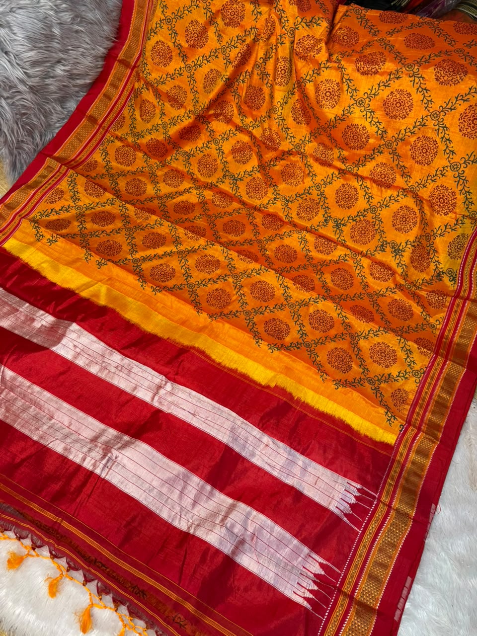 Authentic Indian Handloom Iliad Saree | Mustard Orange Body with Red Pure Silk Pallu