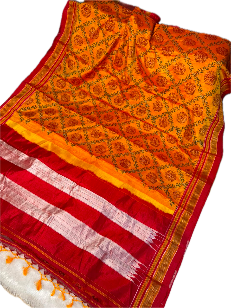 Authentic Indian Handloom Iliad Saree | Mustard Orange Body with Red Pure Silk Pallu