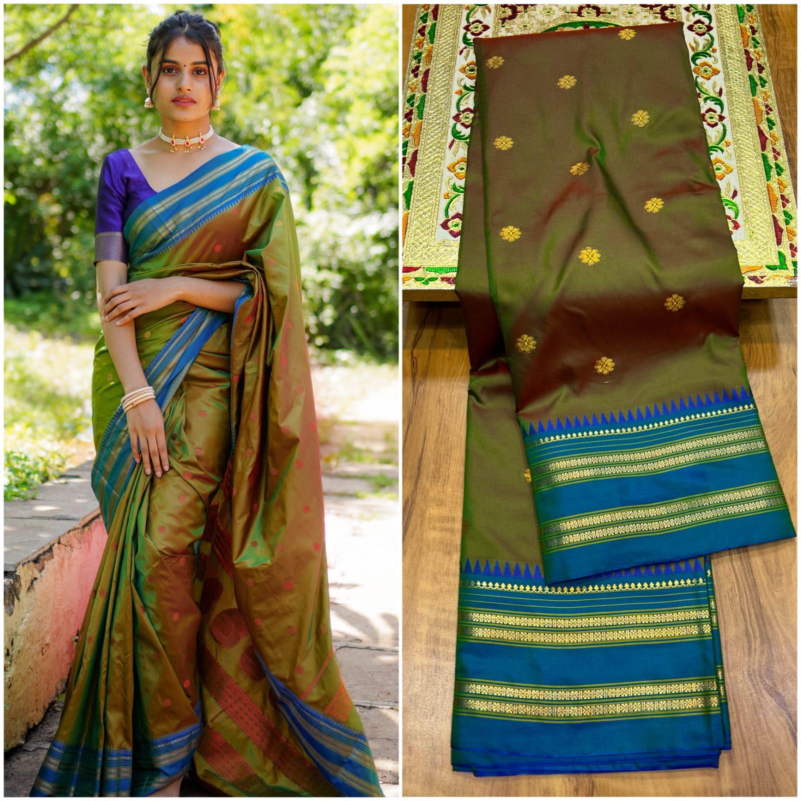 A split image showing a woman wearing a green and blue saree outdoors on the left, and a folded view of the same saree laid flat on a wooden surface on the right. The saree has a dark olive green body with blue and gold zari borders and small gold floral motifs.