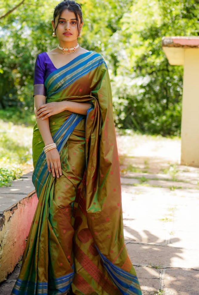 Authentic Narayanpet Paithani Handloom Saree | All Over Gold Zari Butti | Olive Green