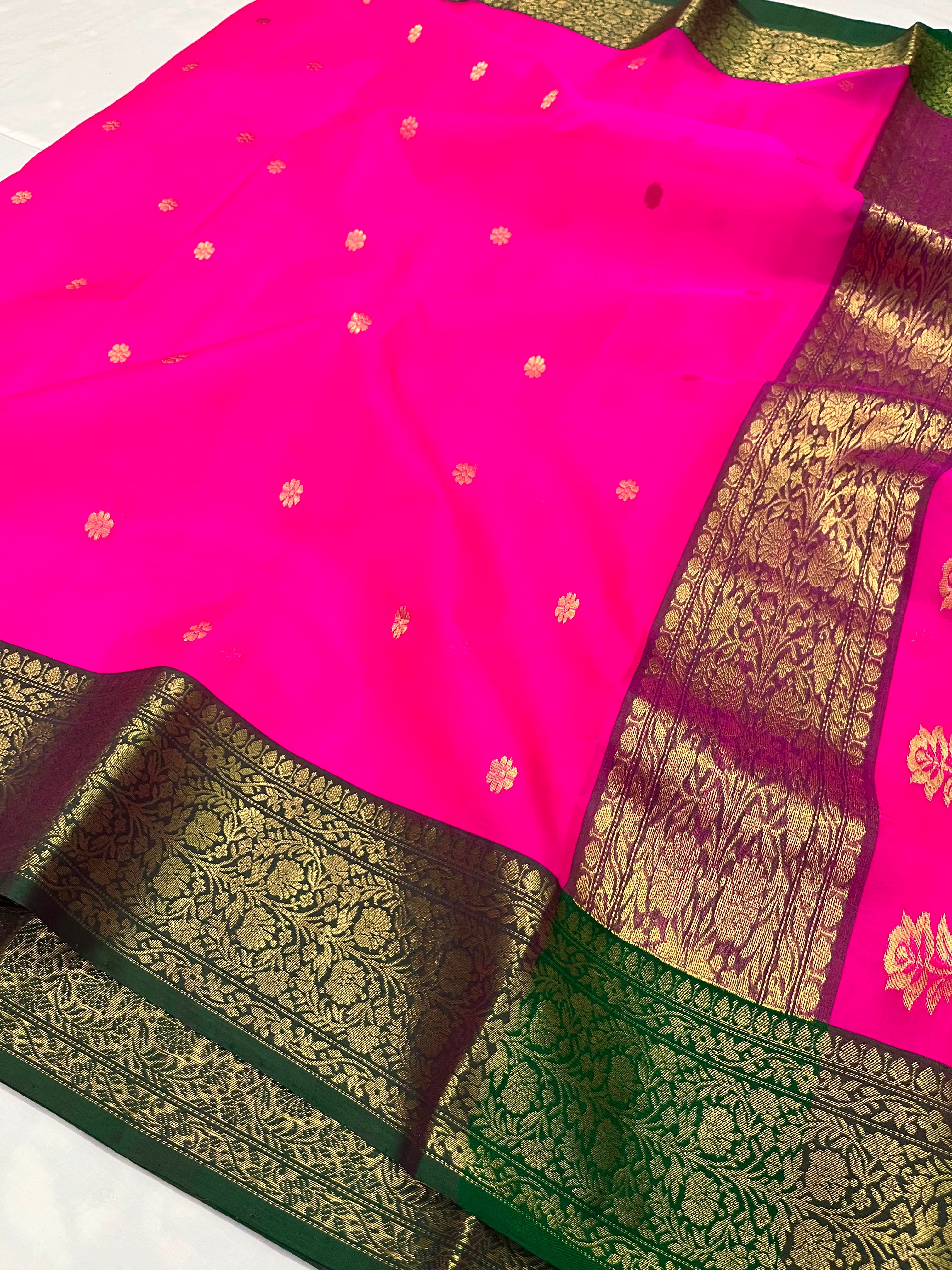 Authentic Chanderi Katan Silk Handloom Saree | Nakshi Border | Pink