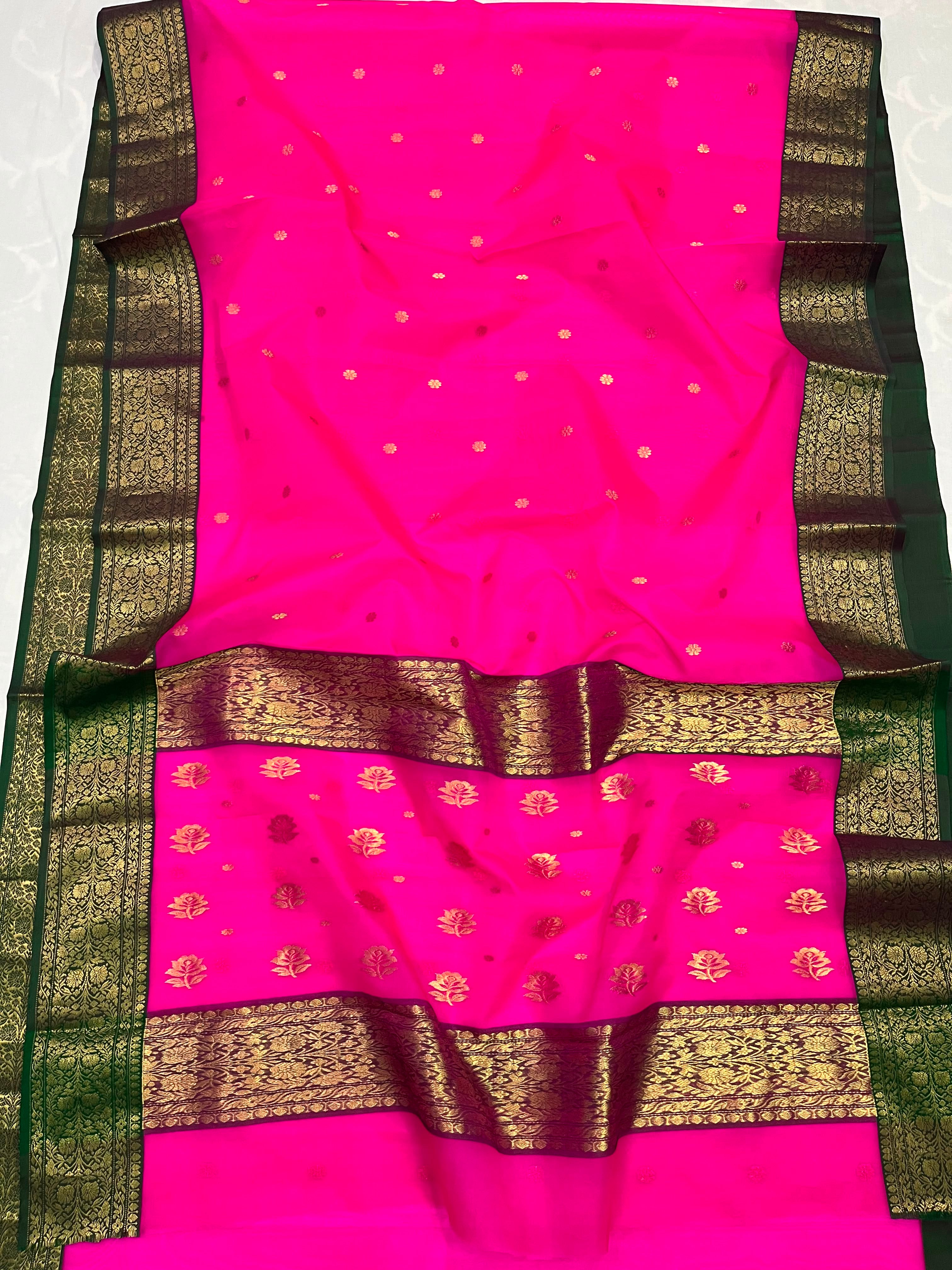 Authentic Chanderi Katan Silk Handloom Saree | Nakshi Border | Pink