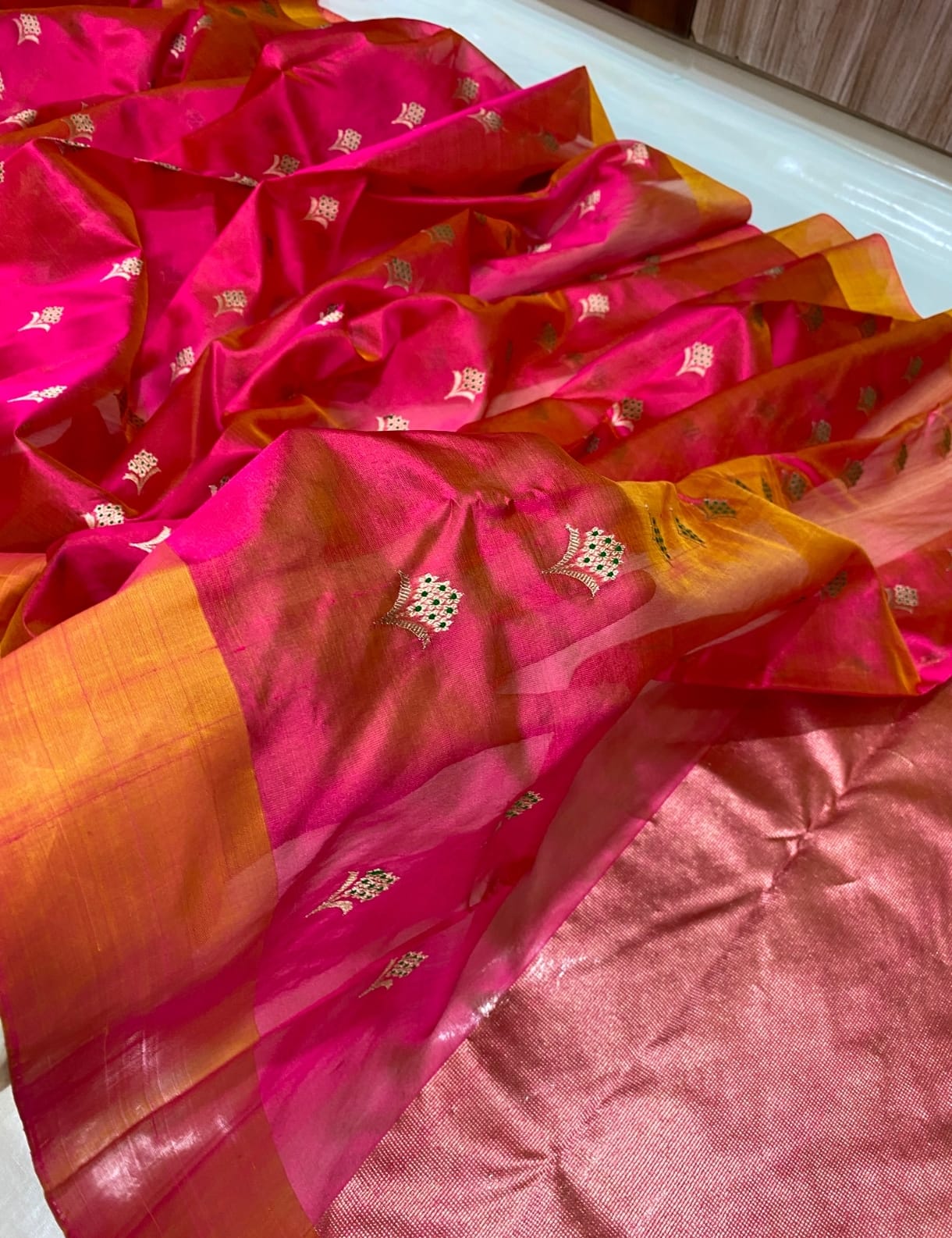 Authentic Chanderi Handloom Pattu Soft Silk Saree | Bright Pink Meenakari Buti Wedding Saree