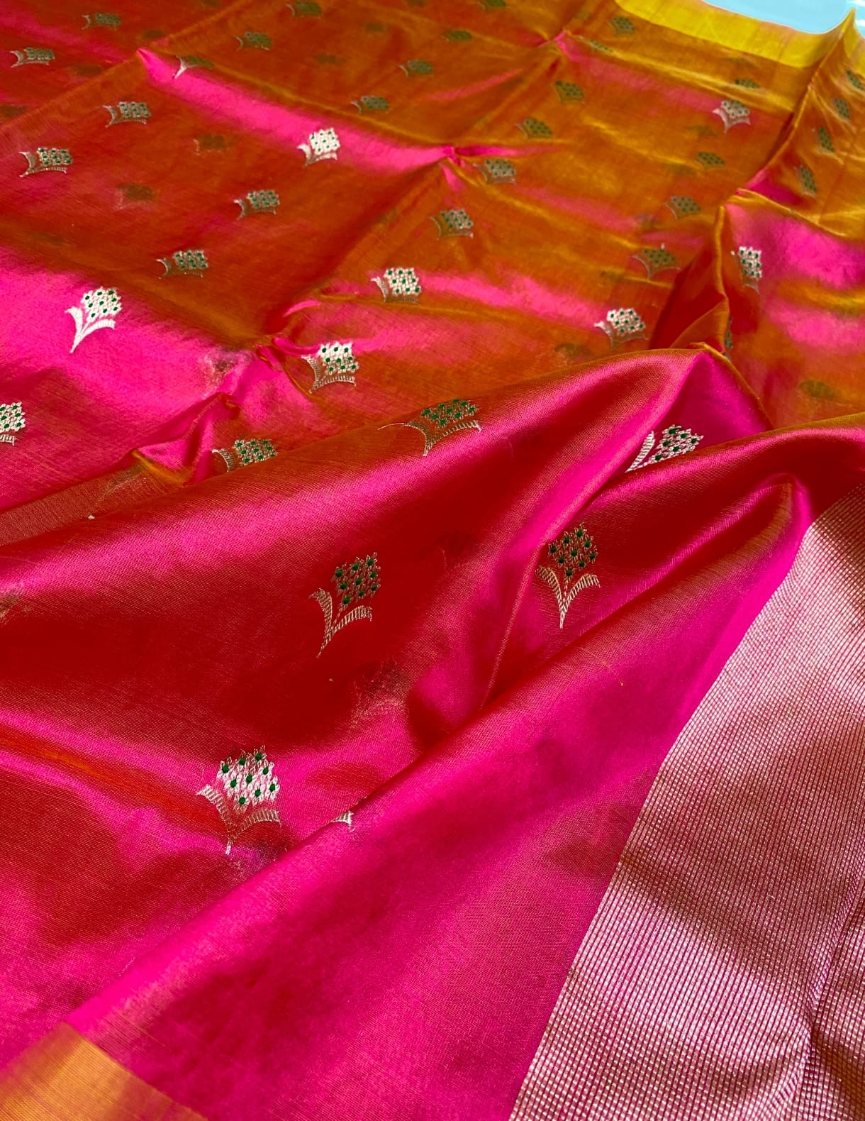 Authentic Chanderi Handloom Pattu Soft Silk Saree | Bright Pink Meenakari Buti Wedding Saree