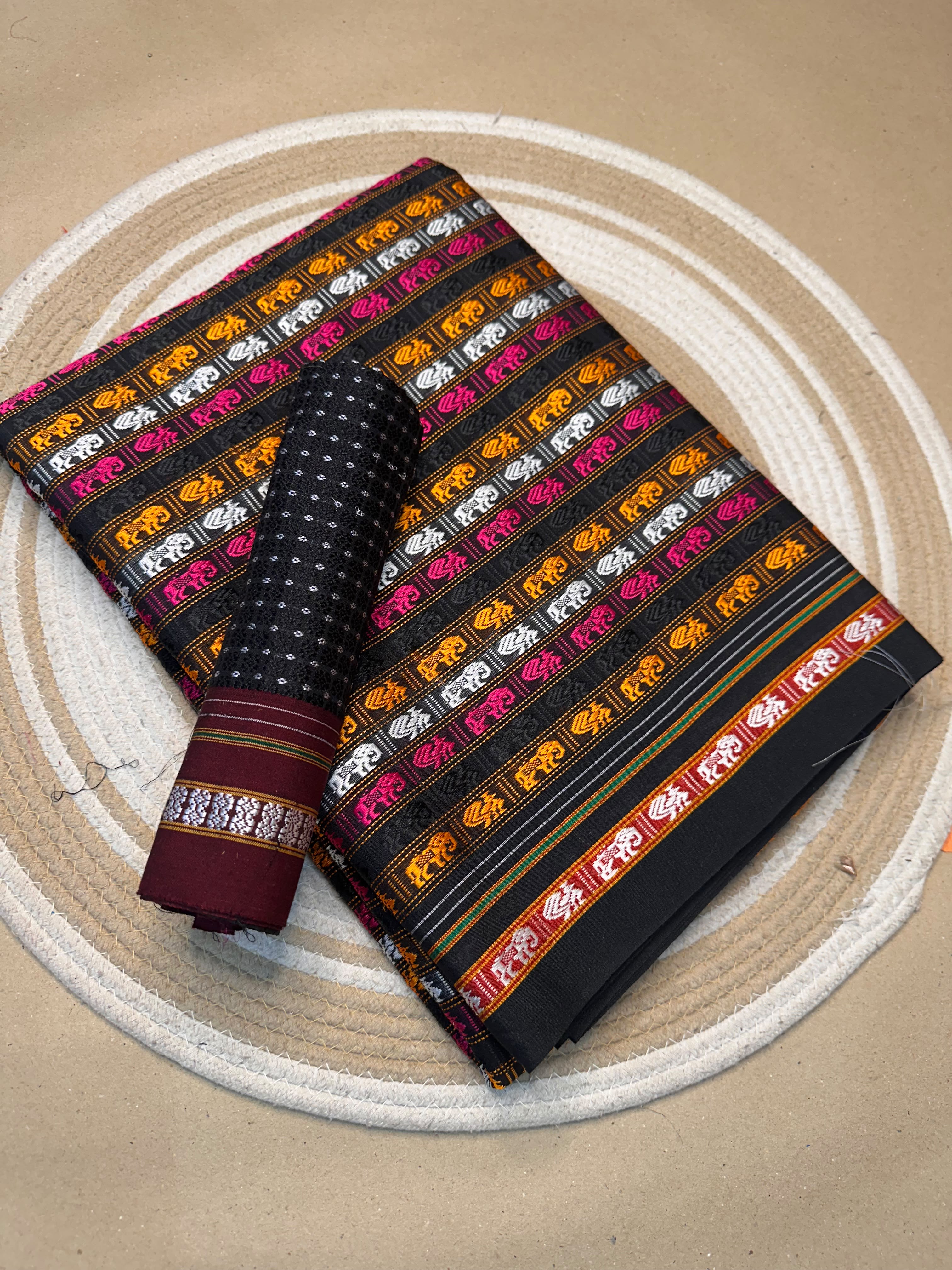 Multicolour Maharashtrian Khun Cotton Blend Saree with Black Khun Contrast Blouse