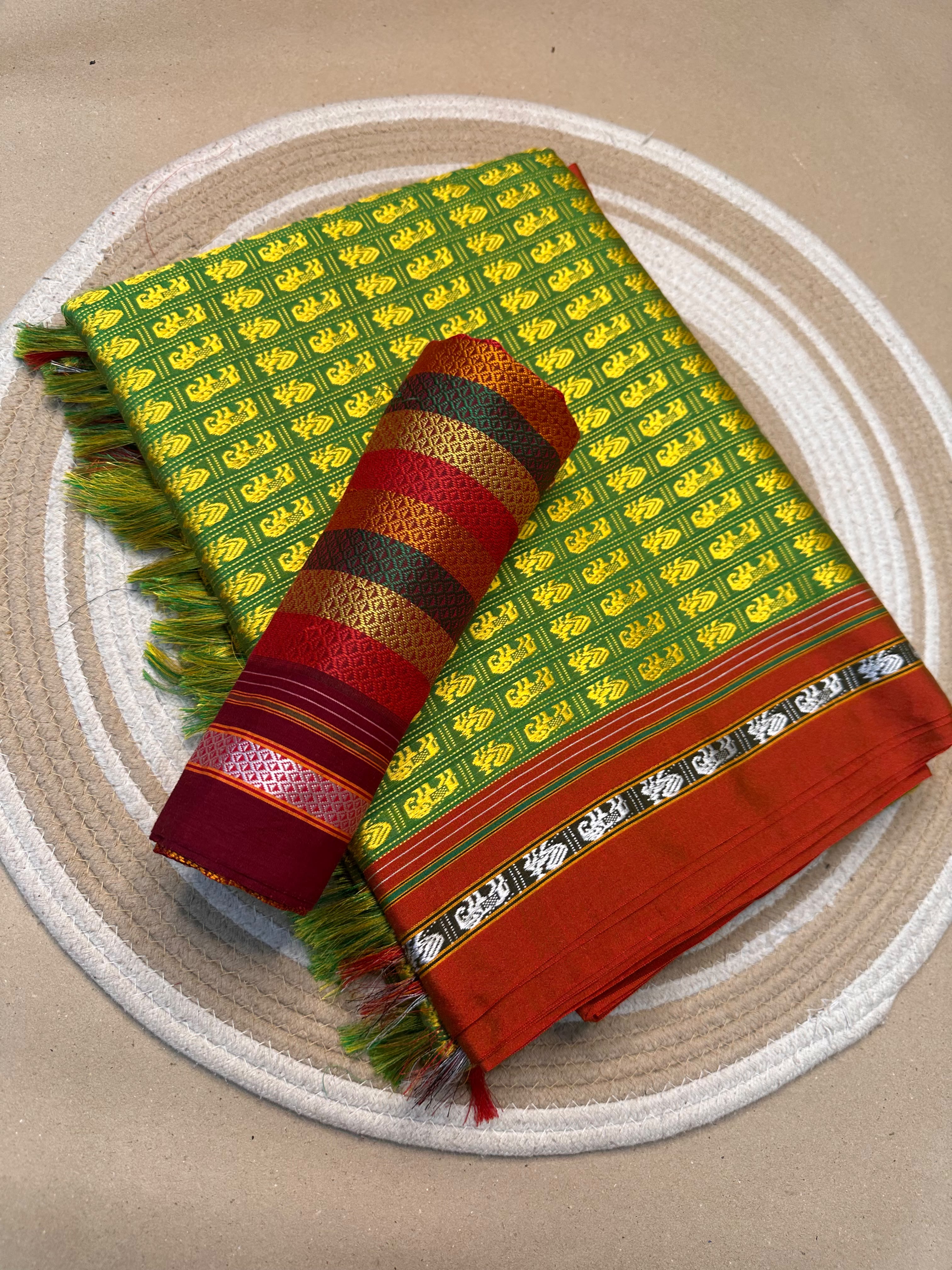 Lime Maharashtrian Khun Cotton Blend Saree with Multicolour Contrast Blouse