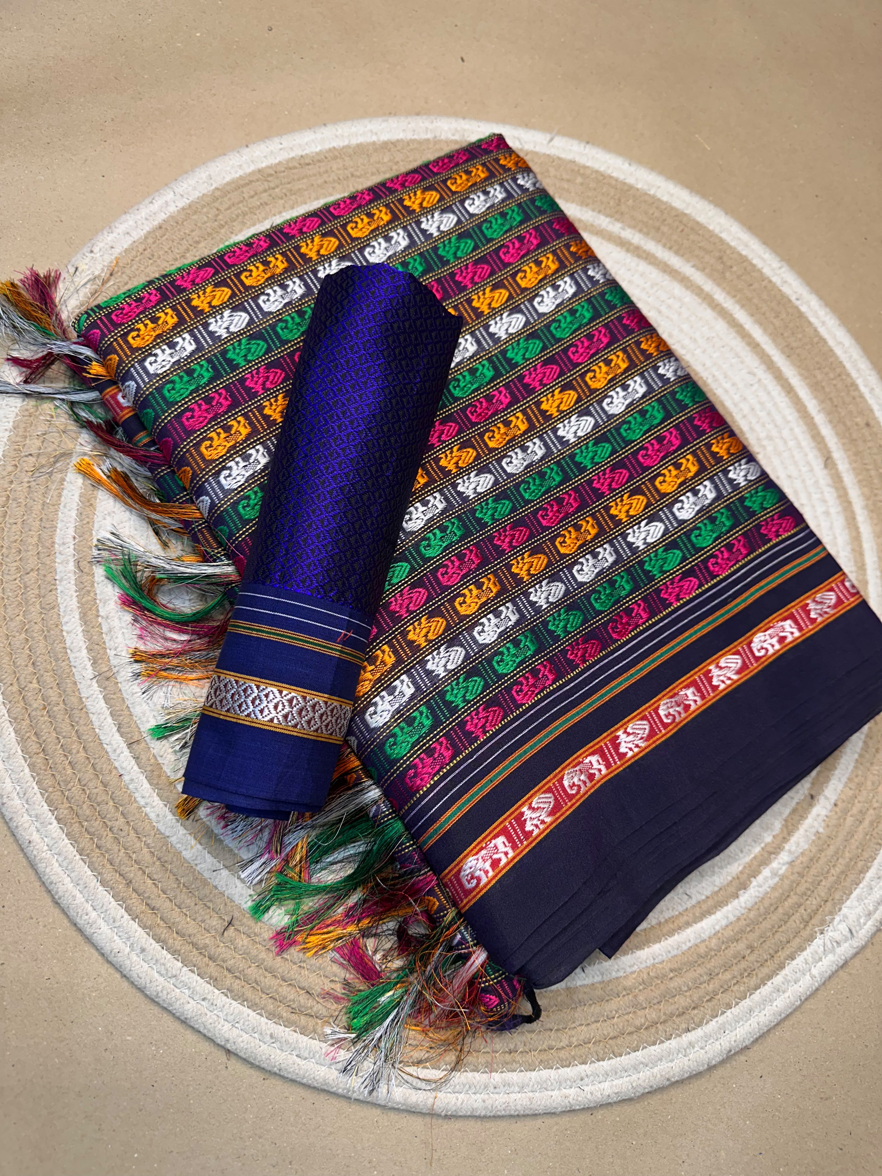 Maharashtrian Khun Cotton Blend Saree with Fancy Culture Border | Contrast Khun Blouse Piece