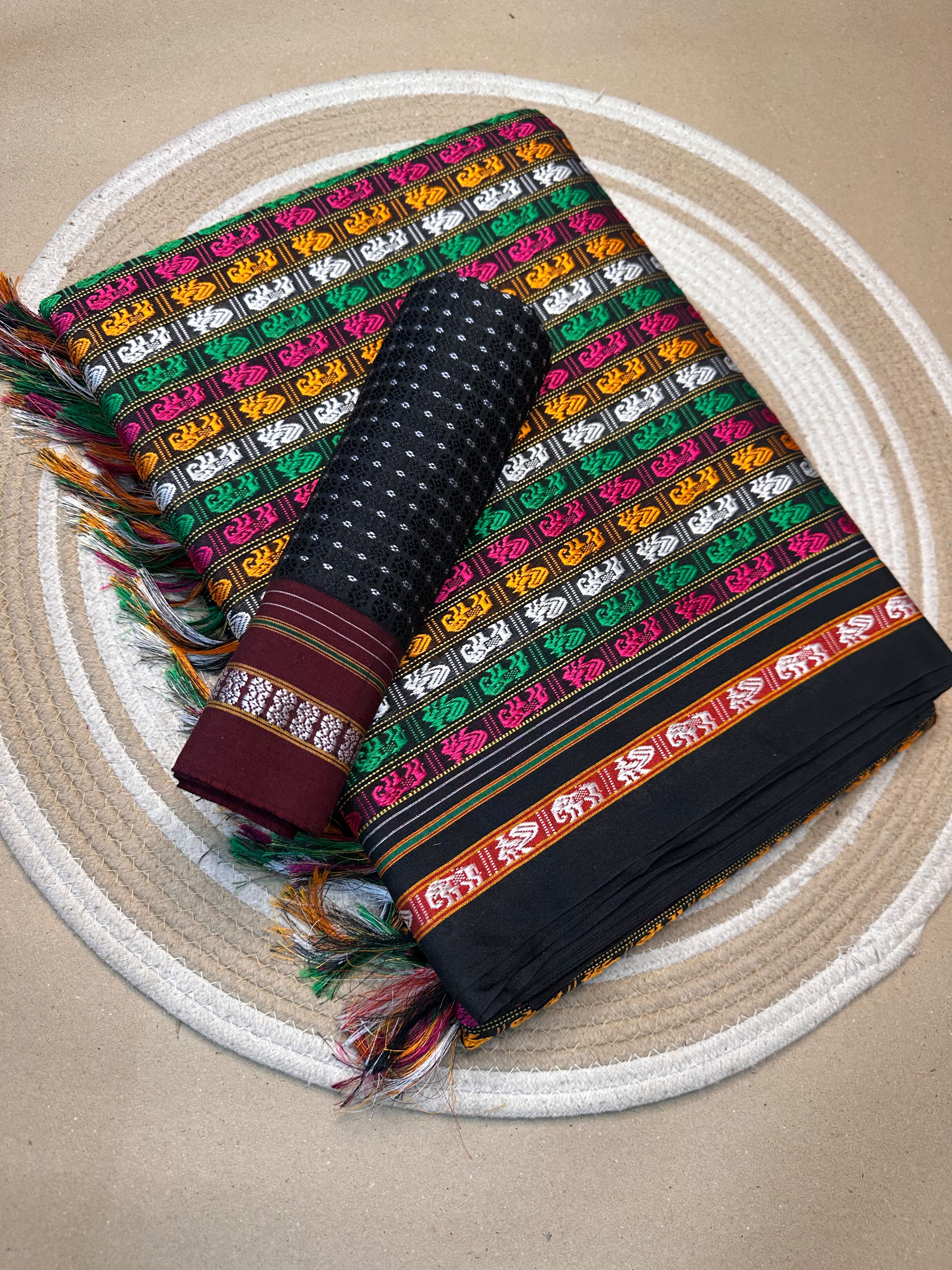 Multicolour Maharashtrian Khun Cotton Blend Saree with Black Contrast Blouse
