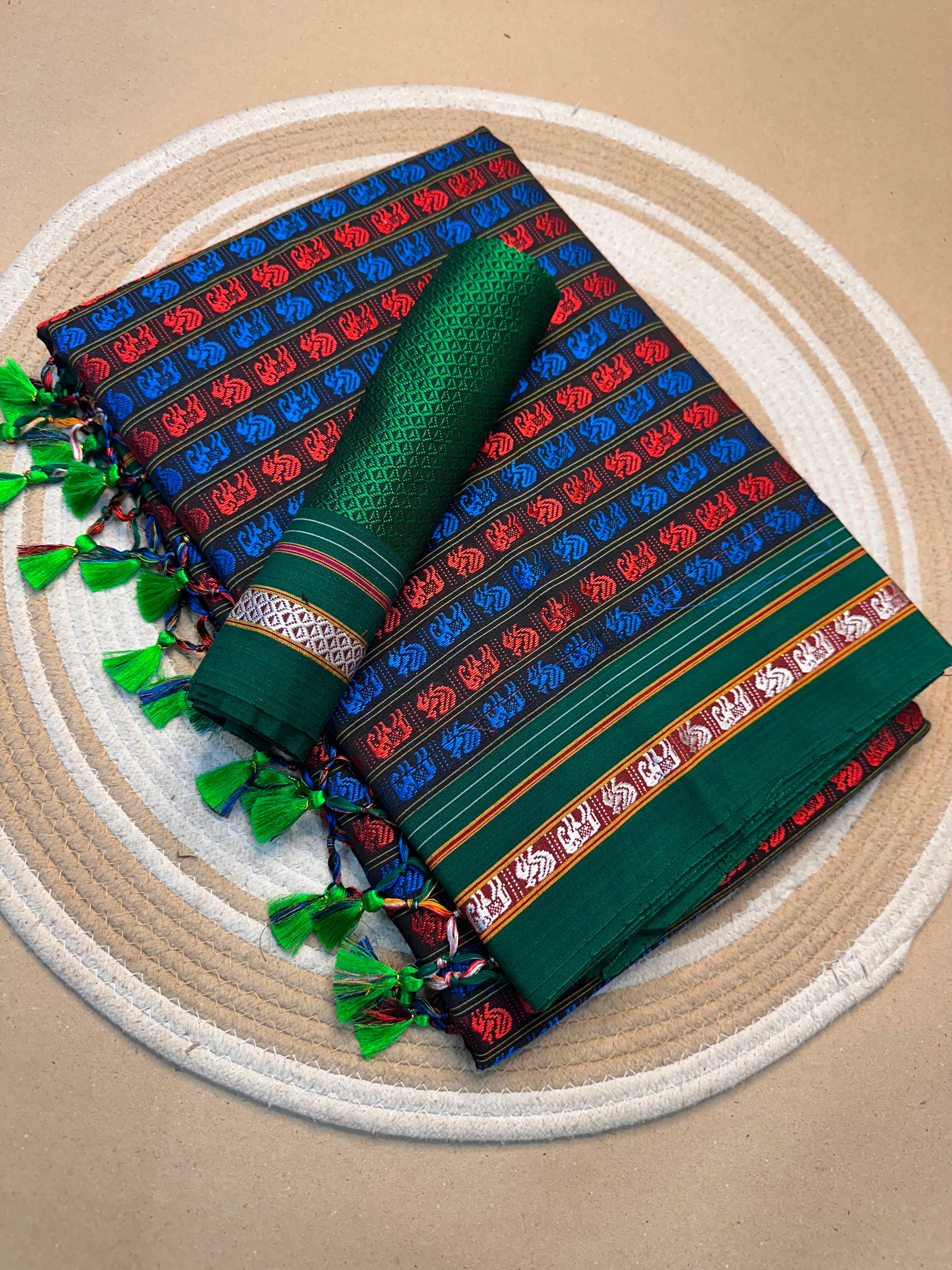 Green Blue Red Multicolour Maharashtrian Khun Cotton Blend Saree with Fancy Culture Border