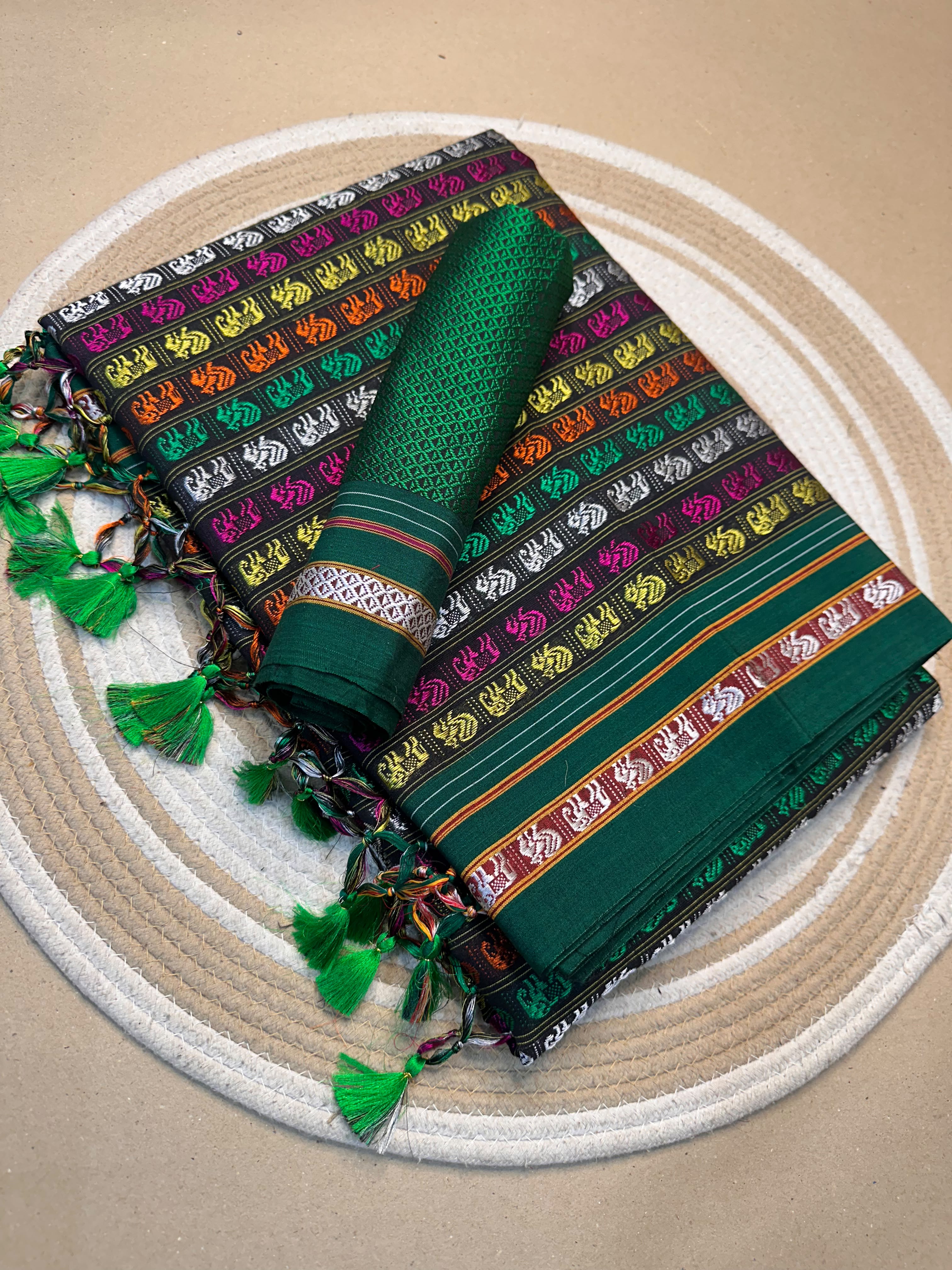 Dark Green Maharashtrian Khun Cotton Blend Saree with Fancy Culture Border