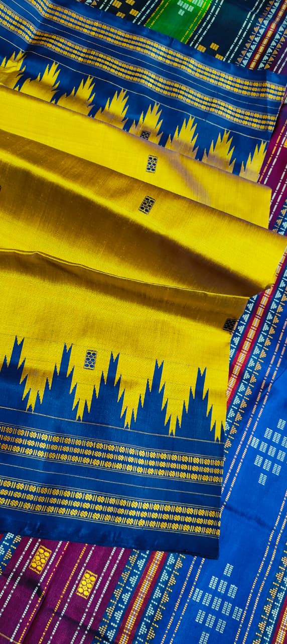 Exclusive Berhampuri Double Pallu Silk Saree | Yellow with Royal Blue | Contrast Striped Blouse