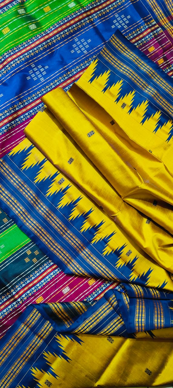 Exclusive Berhampuri Double Pallu Silk Saree | Yellow with Royal Blue | Contrast Striped Blouse