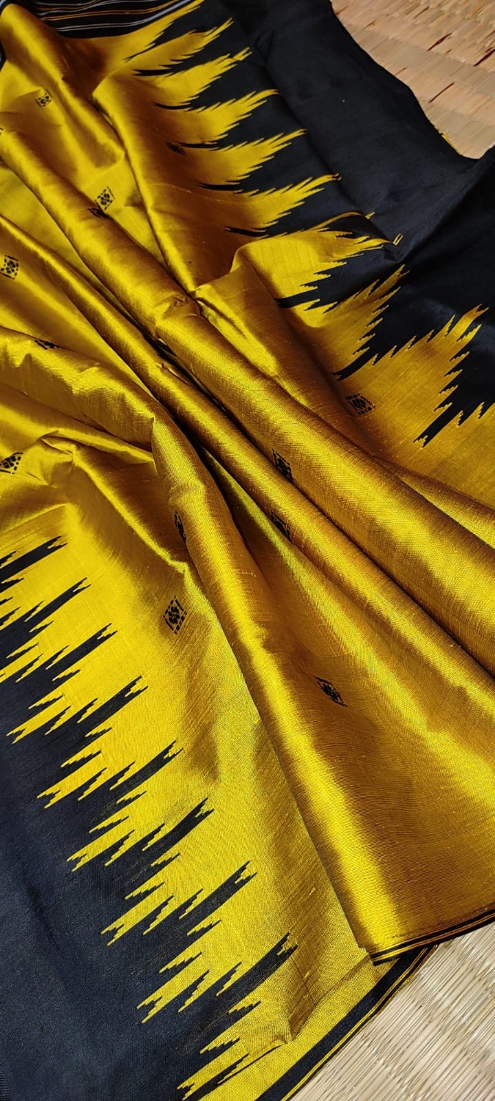 Mustard Yellow Odisha Handloom Berhampuri Double Pallu Silk Saree | Multicolor Thread Work