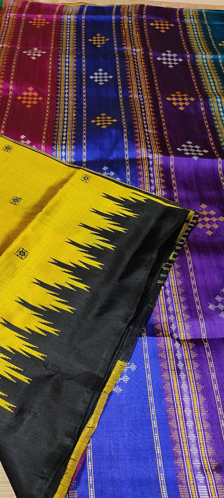Mustard Yellow Odisha Handloom Berhampuri Double Pallu Silk Saree | Multicolor Thread Work