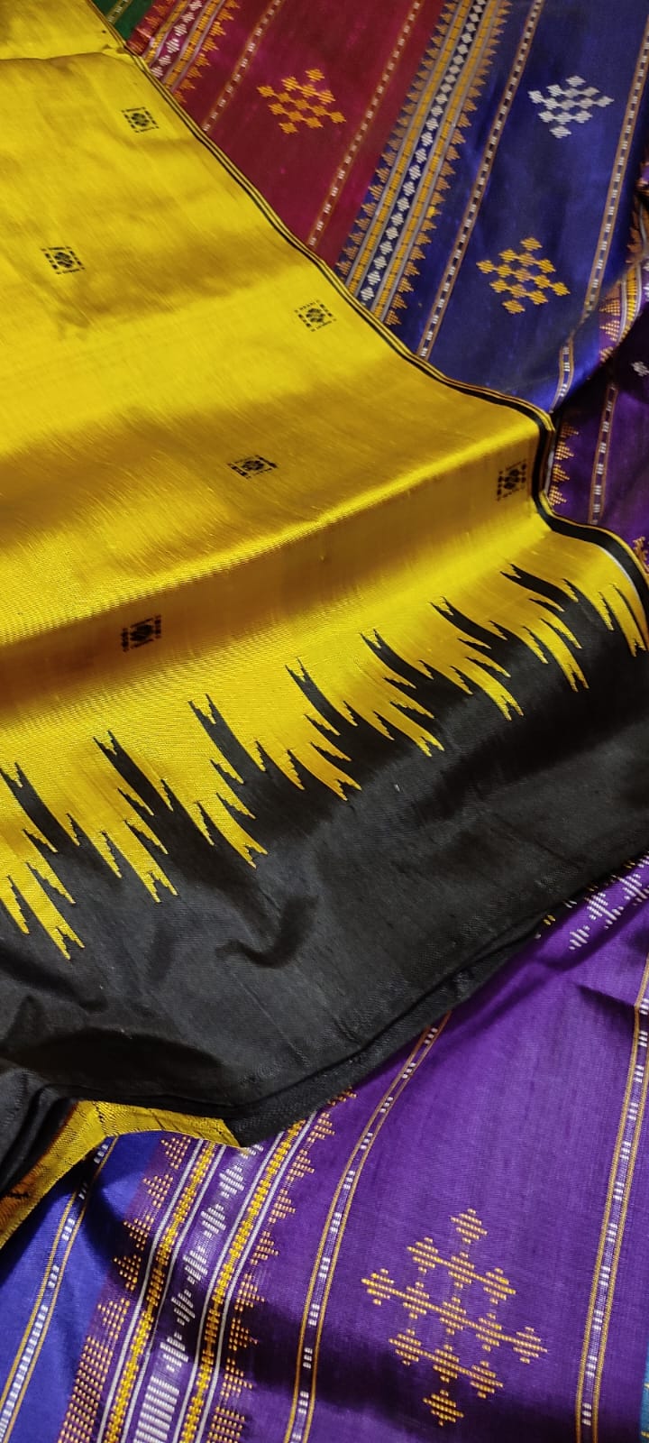 Mustard Yellow Odisha Handloom Berhampuri Double Pallu Silk Saree | Multicolor Thread Work