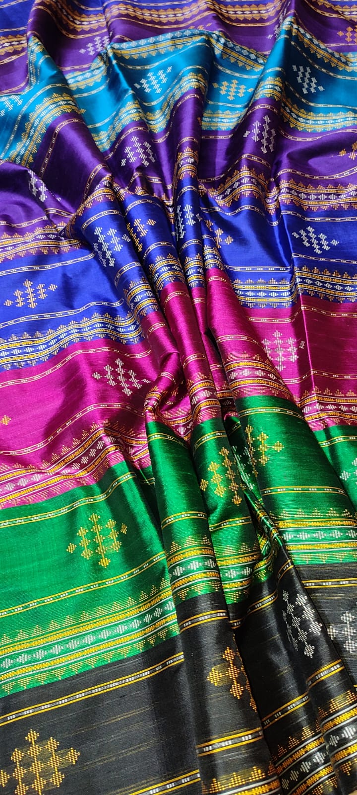Mustard Yellow Odisha Handloom Berhampuri Double Pallu Silk Saree | Multicolor Thread Work