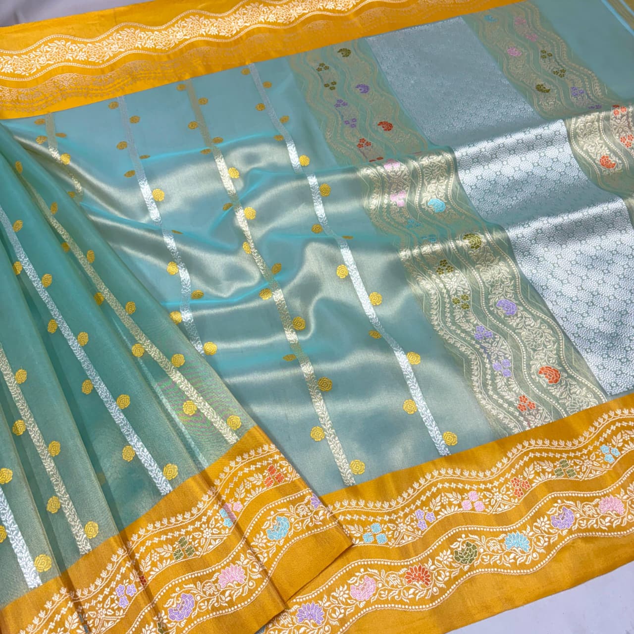 Pure Handloom Banarasi Kora Tissue Saree – Ivory Aqua Blue