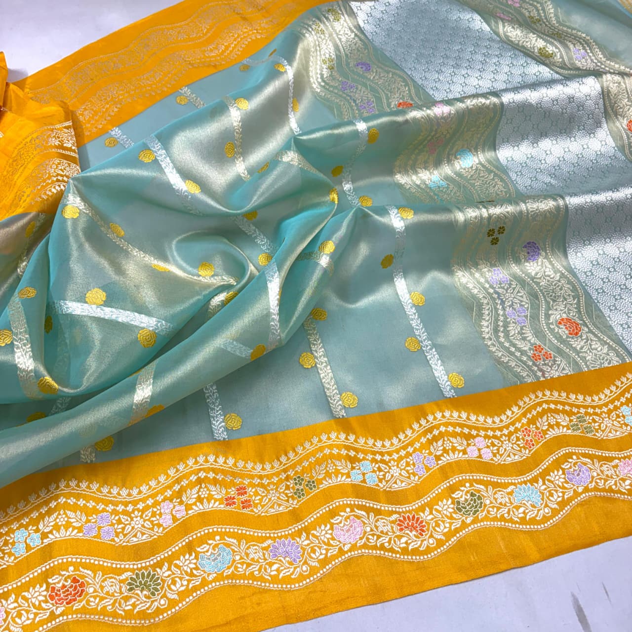Pure Handloom Banarasi Kora Tissue Saree – Ivory Aqua Blue